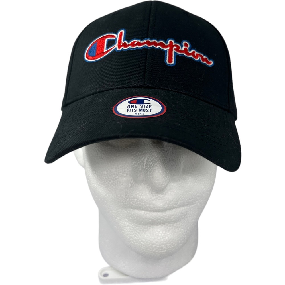Champion Red Script Logo Embroidered Black Cap Hat Strapback One Size New